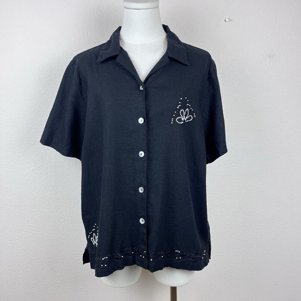 Jane Ashley Shirt Womens Extra Large Button Beaded Embroidered Vintage Linen
